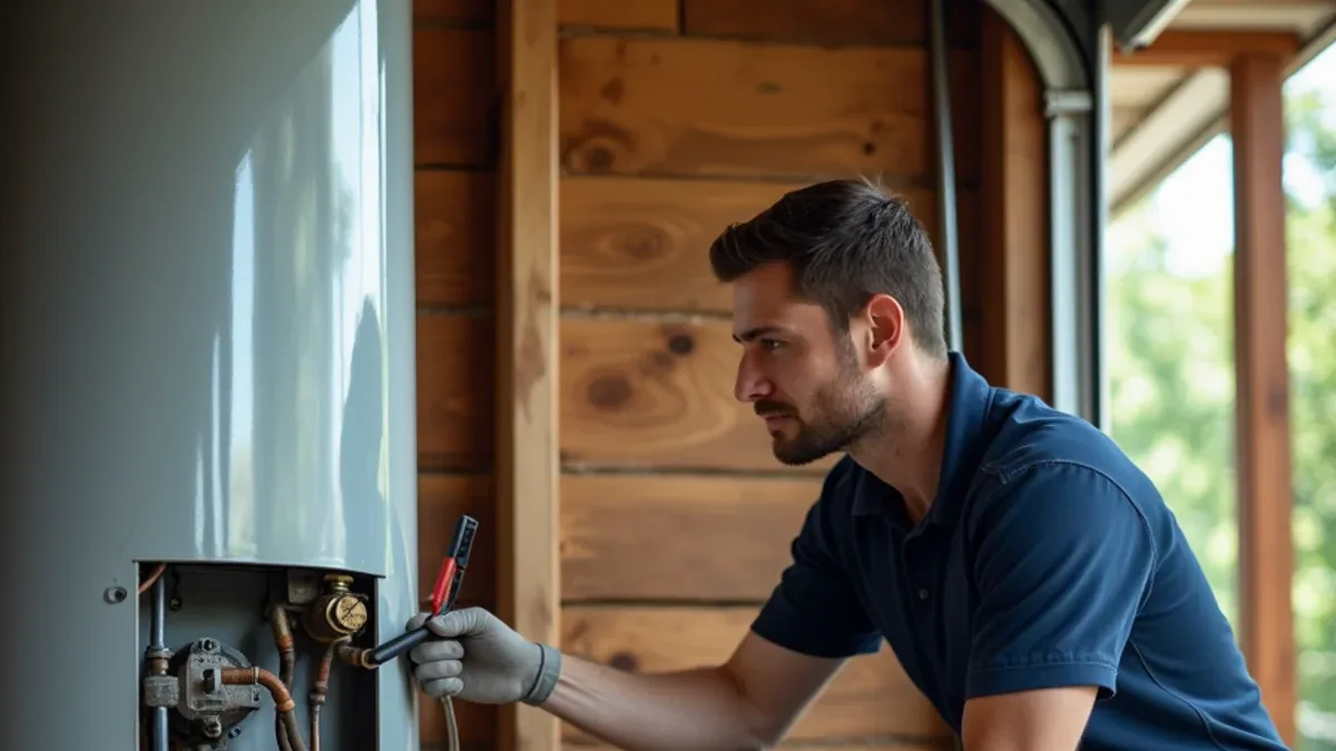 Plumber testing a gas water heater during a repair call in an Ooltewah, TN home