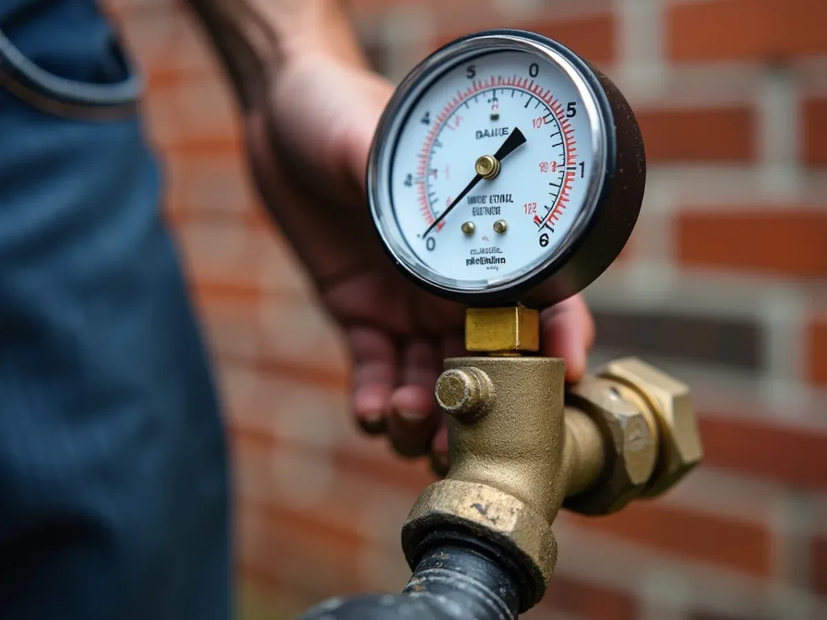 Water pressure gauge attached to an outdoor hose bib in Ooltewah, TN