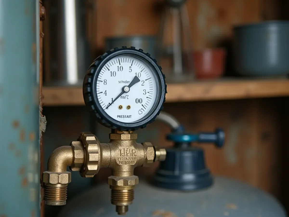 Technician checking well pressure tank precharge at a rural Ooltewah, TN property