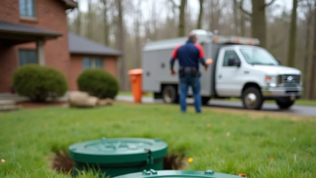 Green septic tank riser with a secured lid installed at ground level in a lawn