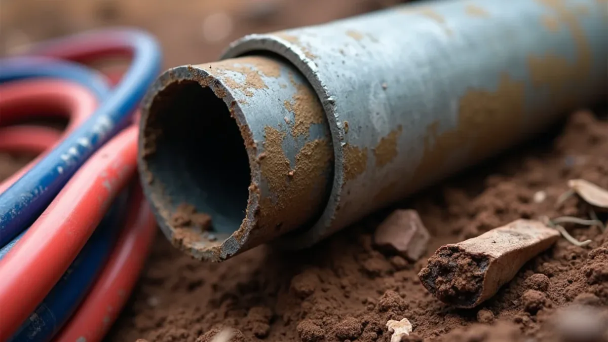 Cutaway of corroded galvanized water pipe next to new PEX tubing