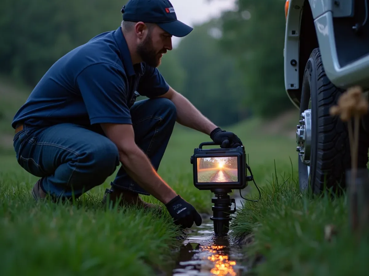 Camera view of standing water in a bellied section of drain pipe