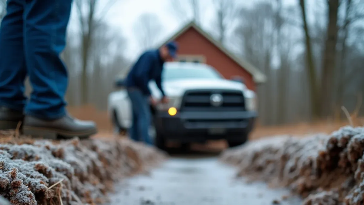 Frost over a septic drain field at a Tennessee property in winter